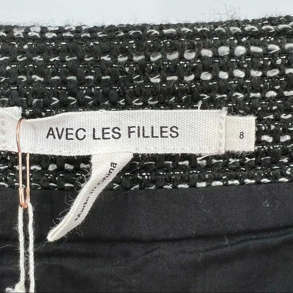Avec Les Filles High-Waist Zip-Front Tweed Black & White Metallic Mini Skirt NWT